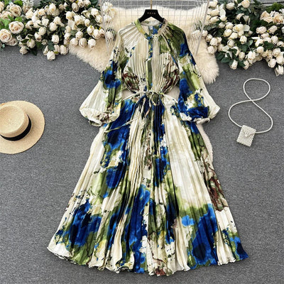 Retro Print Elegant Pleated Lantern Long Sleeve O Neck Single Breasted Dress A-line  Casual High Waist Women Summer Dresses