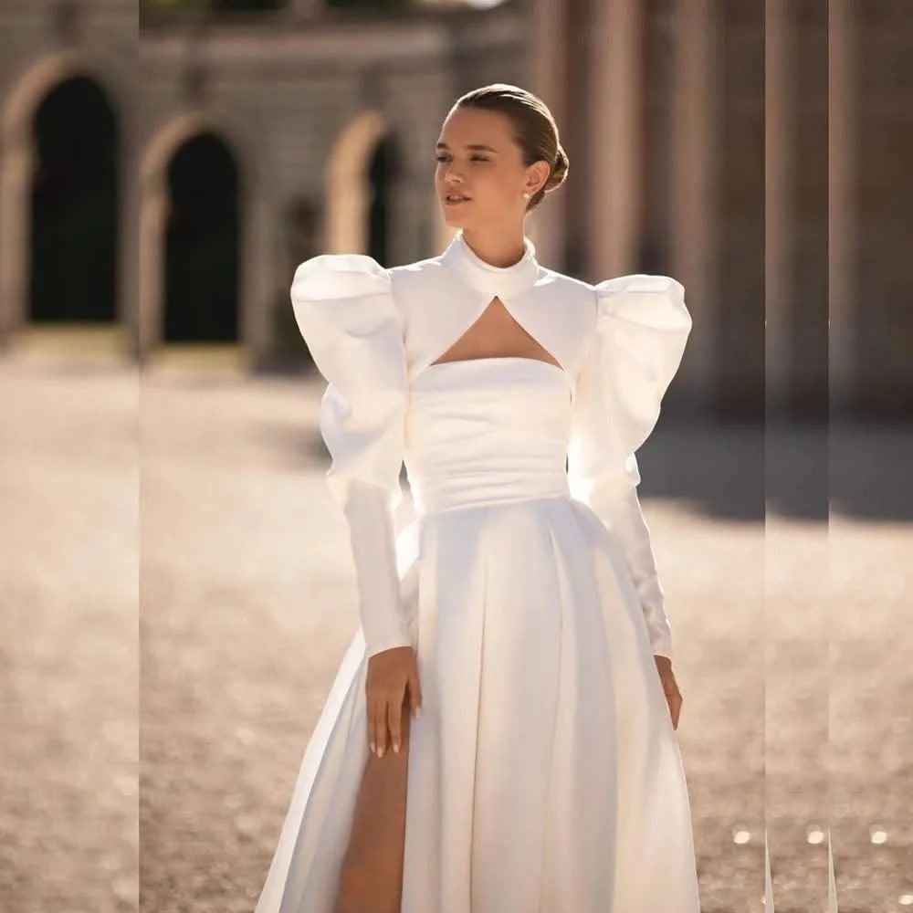 Simple White Wedding Dresses Long Sleeve High Neck
