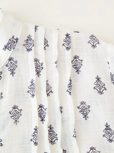 2025 Women's New Fashion Hundred Tops Puffy Sleeve Cotton Linen Printed Shirt