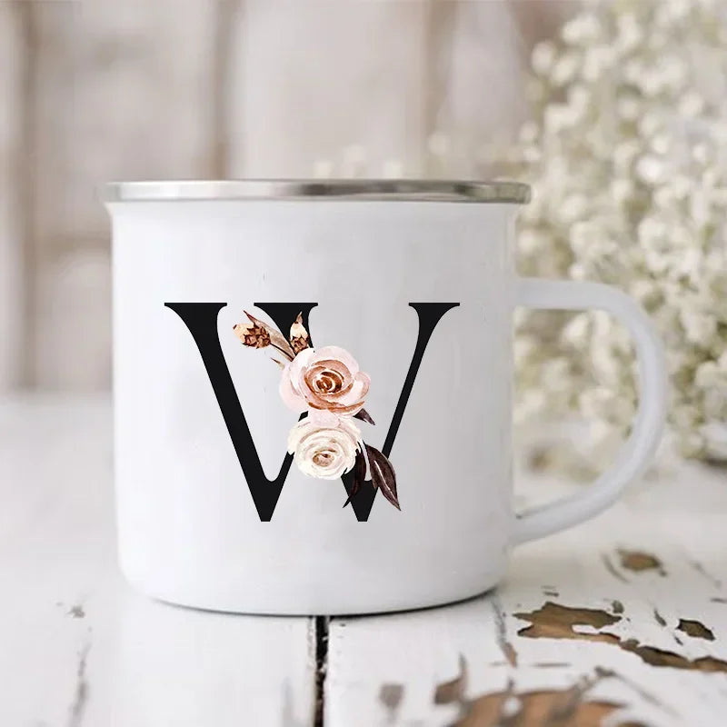 Initial Letter Print Mugs Enamel Creative Coffee Cups Drinks Wine Juice Milk Cup Vintage Home Office Handle Drinkware Best Gifts