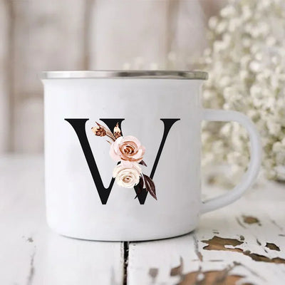 Initial Letter Print Mugs Enamel Creative Coffee Cups Drinks Wine Juice Milk Cup Vintage Home Office Handle Drinkware Best Gifts