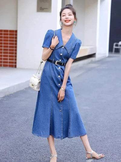 Denim Dress Women 2025 Spring Summer New Temperament Waist Fashion Fishtail Skirt Female Single Breasted Long Slim Dresses