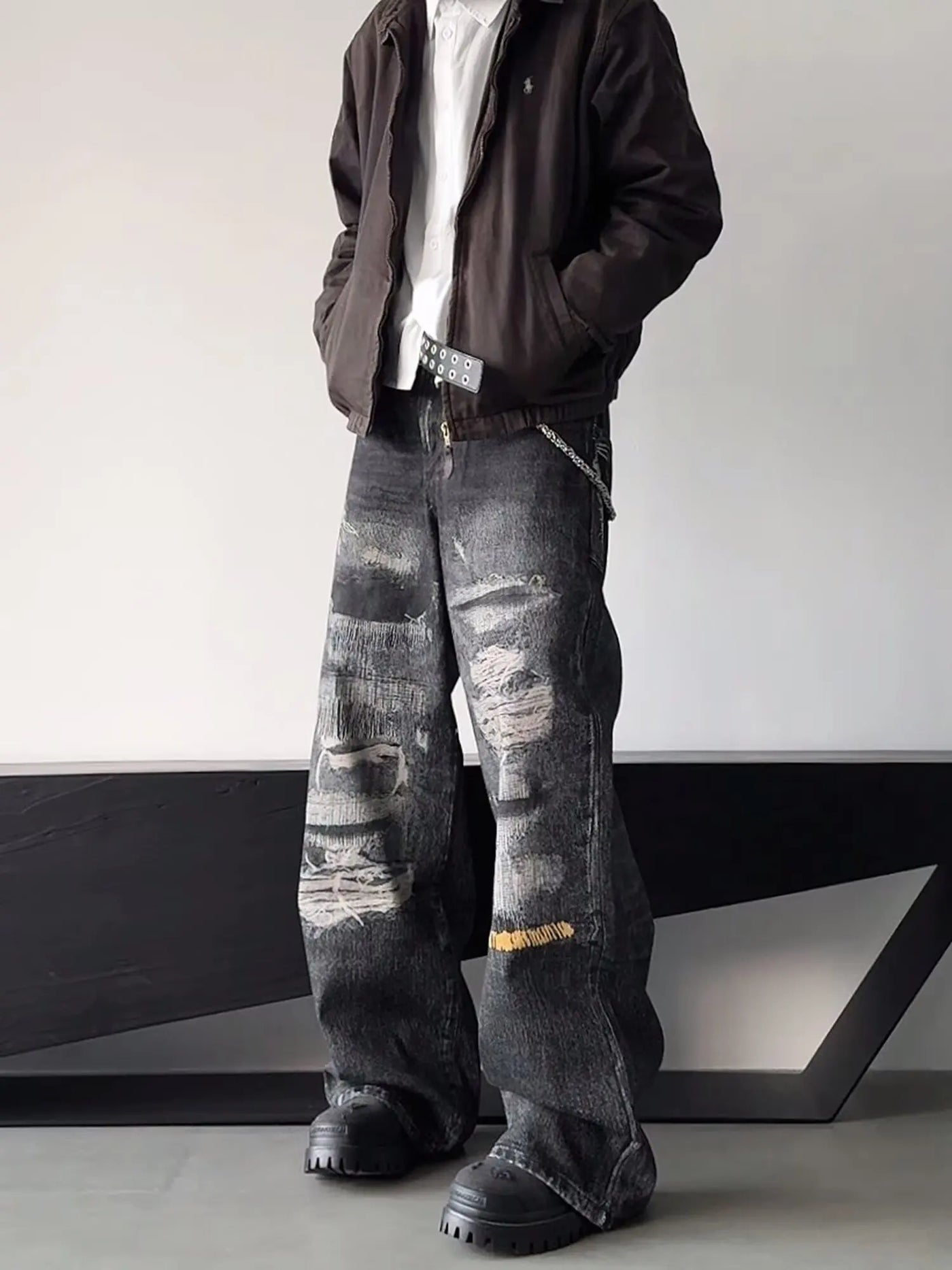 High Street Men's Jeans Trendy Printed Pattern Washed Worn-out Straight Leg Jeans American Style Male Denim Pants Black Jeans