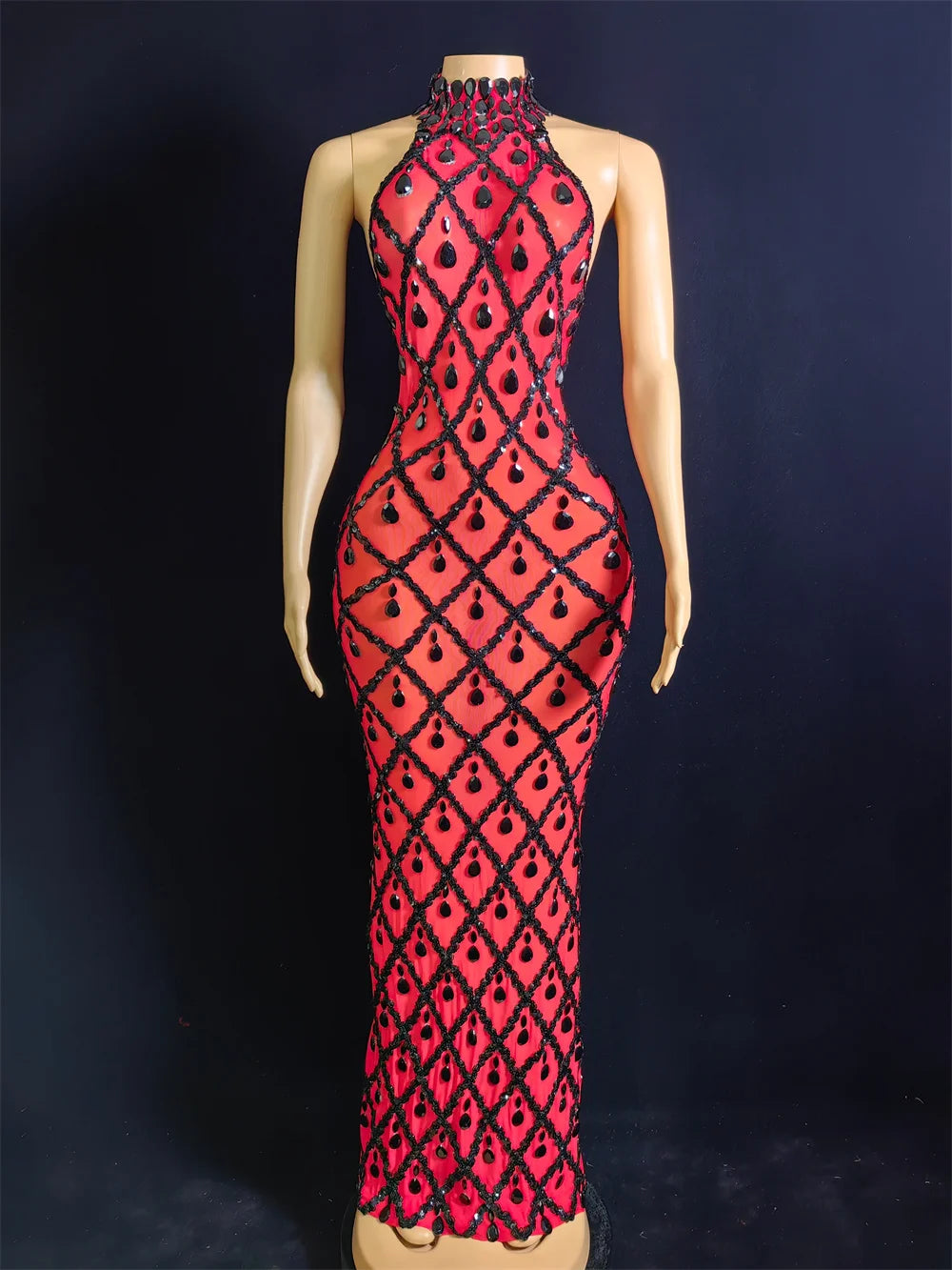 Women Sexy Stage Shining Rhinestone Sequins Dress Evening Prom Birthday Dress Transparent Performance Singer Club Host Dress