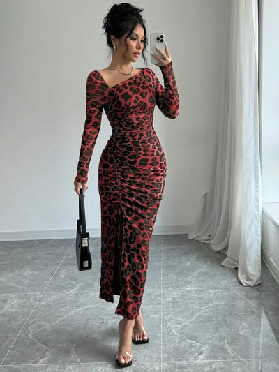 Sexy Leopard Print Women's Dresses Fashion Ruffled Sexy Slit Party Dress For Women Spring Summer  Bodycon Package hip Vestidos