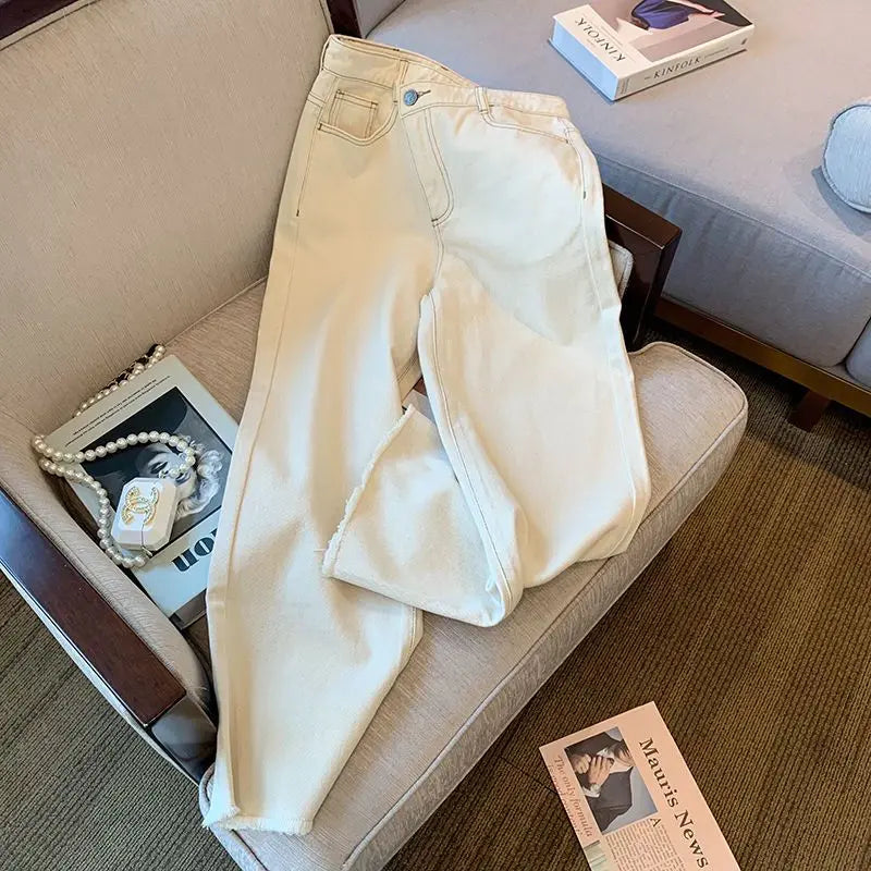White Jeans For Women Spring High Waist Fashion Flower Design Straight Denim Pants Chic Loose Wide Leg Casual Trousers