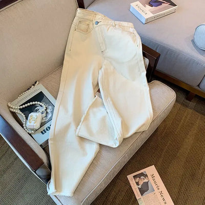 White Jeans For Women Spring High Waist Fashion Flower Design Straight Denim Pants Chic Loose Wide Leg Casual Trousers