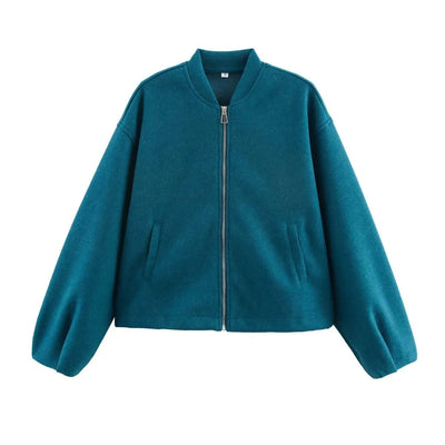 Women's Soft Bomber Jacket High Collar Long Sleeve Zipper Front Pocket