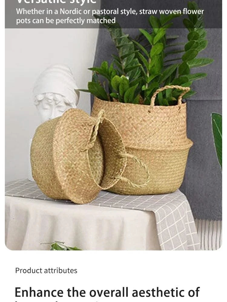 Wicker Basket Toy Organizer Folding Rattan Seagrass Storage Basket Laundry Woven Basket Plant Flower Pot For Home Garden