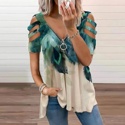 Summer Women's Oversized T-shirt 2025 Elegant Print Floral Casual Zipped V-Neck Sexy SlimTop Female Plus Size For Women Clothing