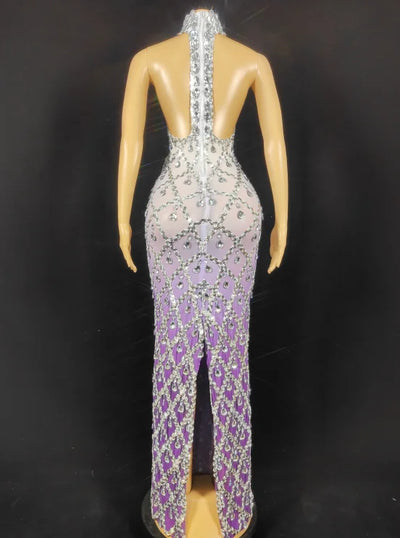 Women Sexy Stage Shining Rhinestone Sequins Dress Evening Prom Birthday Dress Transparent Performance Singer Club Host Dress