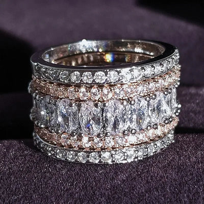 Luxury Two-Tone Wide Rings for Women Full Brilliant Cubic Zirconia Exquisite Superb Party Jewelry Trendy Chic Accessories