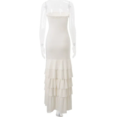 NIDANSSI White Strapless Backless Evening Party Dress Women Ruffle Robes Elegant Sexy Dress Bodycon Long Summer Dress Vestidos