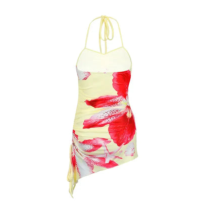 Women's Dresses Summer New Streetwear Fashion Casual Slim Halter Lace-up Print Dresses Sexy Lady Backless Mini Dress Clothing