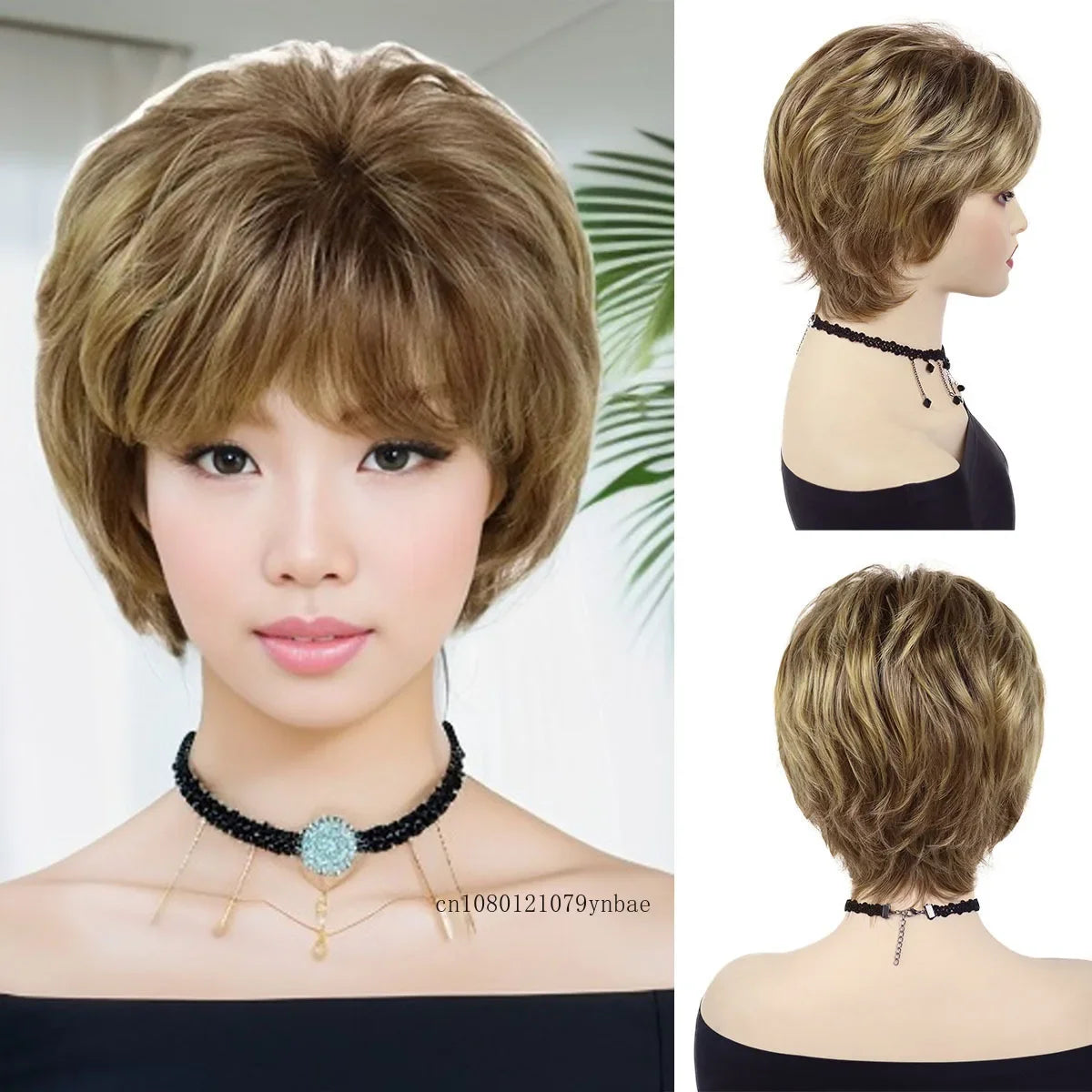 Womens Synthetic Hair Short Curly Brown Wigs Natural Looking Mommy Wig with Bangs Daily Costume Party Use High Temperature Fiber
