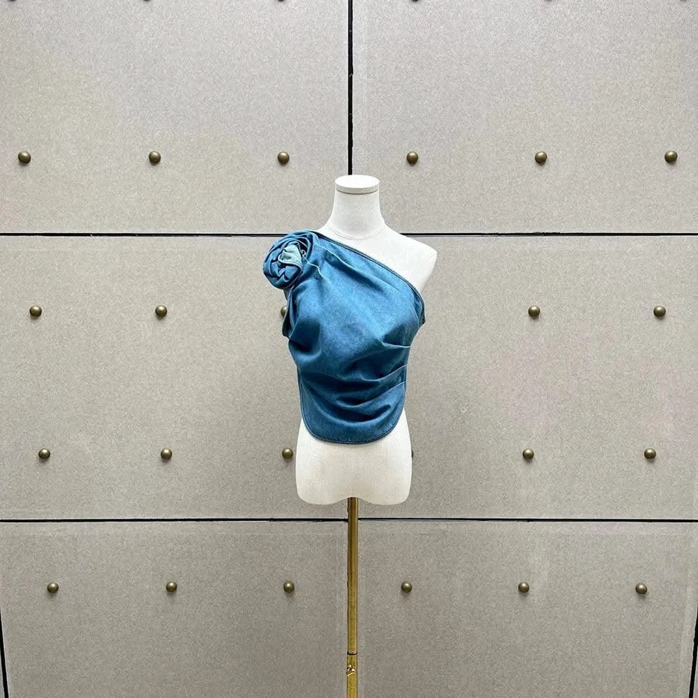Linen Blend One-Shoulder Women's Vest Y2K Style Peplum Top with Stereoscopic Flower Decoration Elegant Commuter Wear for Summer