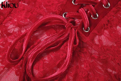 kliou Lace Patchwork Women Maxi Dress Sexy Coquette Drawstring Wrapped Chest Body-shaping Vestidos Female Stunning Clubwear Robe