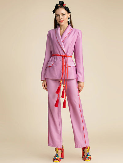 LD LINDA DELLA Fashion Designer Autumn Purple Pants Suit Women's Slim Long sleeve Belted Blazer and Pants Two Pieces Sets