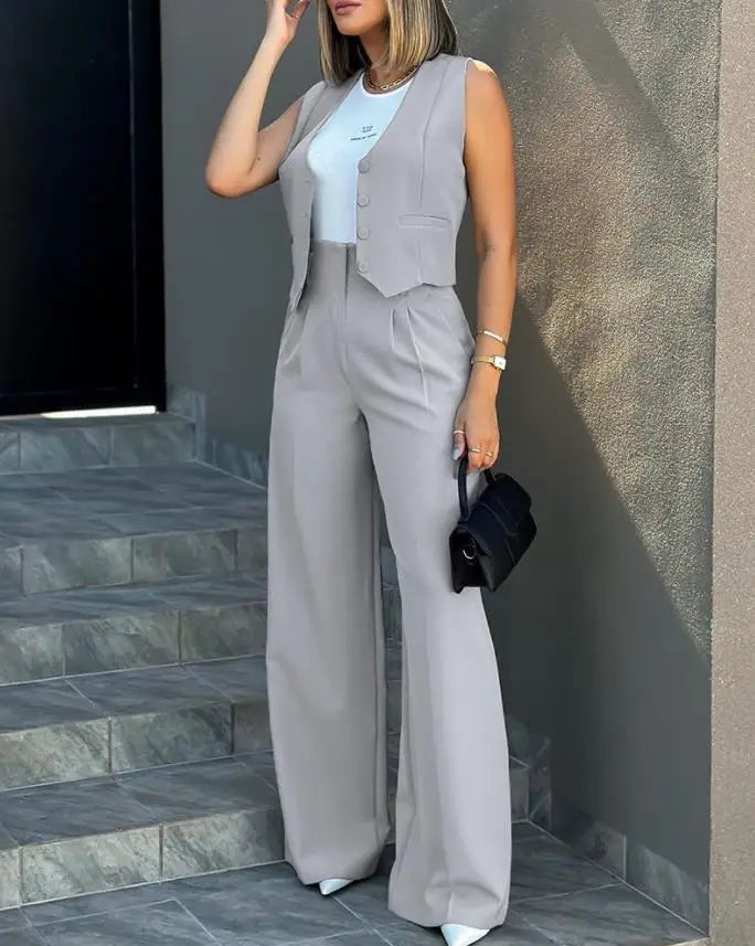 Trousers Suit Women's Vest Trousers Suit Elegant Loose Regular Work Suit High Waist Wide-leg Trousers 2-piece Street Suit
