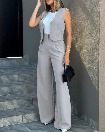 Trousers Suit Women's Vest Trousers Suit Elegant Loose Regular Work Suit High Waist Wide-leg Trousers 2-piece Street Suit