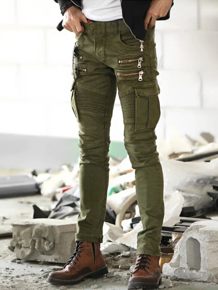 Men's Jeans Green Denim Biker Jeans Skinny New Runway Distressed Slim Elastic Homme Hip Hop Military Motorcycle Cargo Pants
