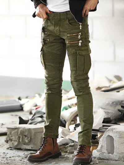 Men's Jeans Green Denim Biker Jeans Skinny New Runway Distressed Slim Elastic Homme Hip Hop Military Motorcycle Cargo Pants