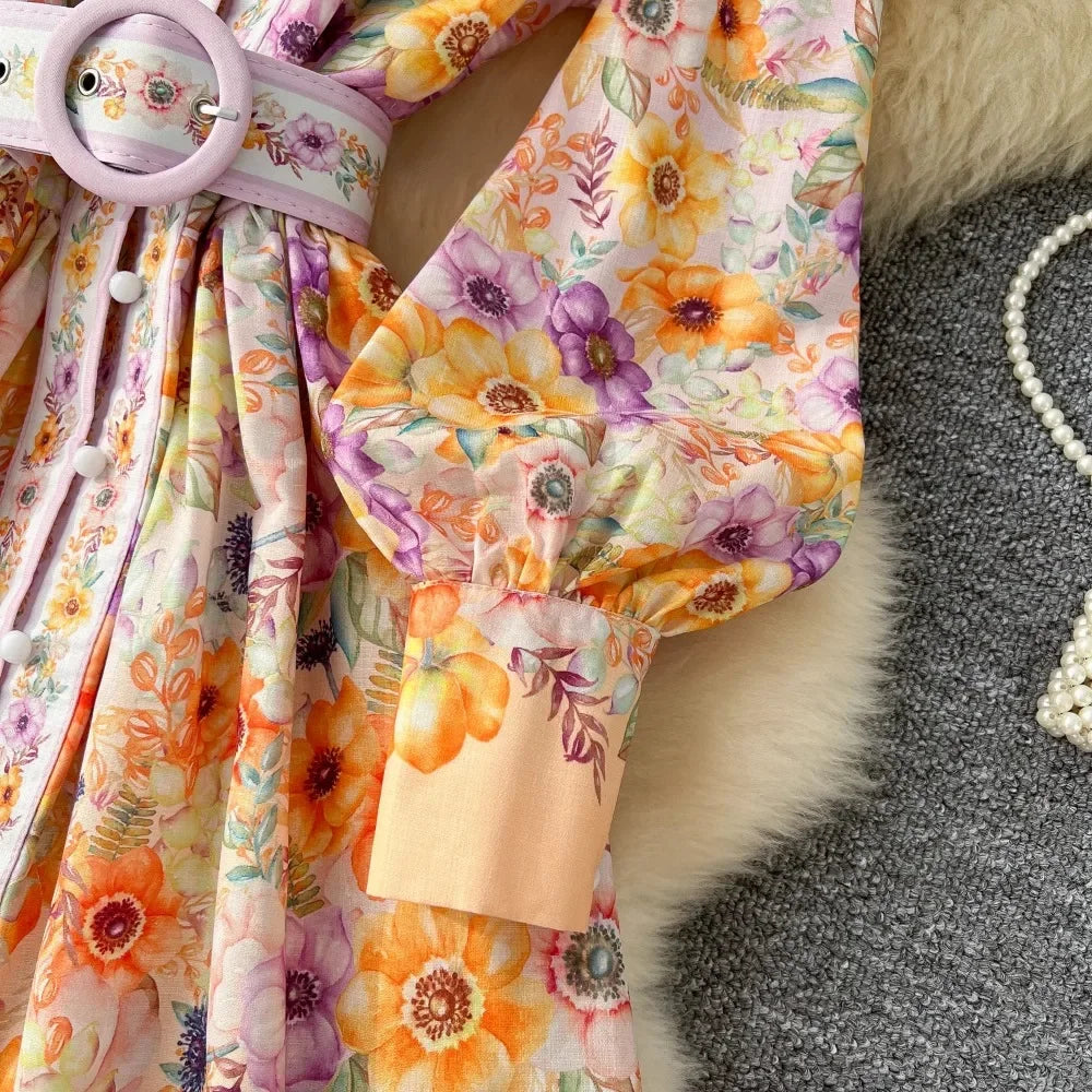 TWOTWINSTYLE Floral Printted Chic Dress For Women O Neck Long Sleeve Patchwork Sashes Temperament Dress Female Fashion KDR523818