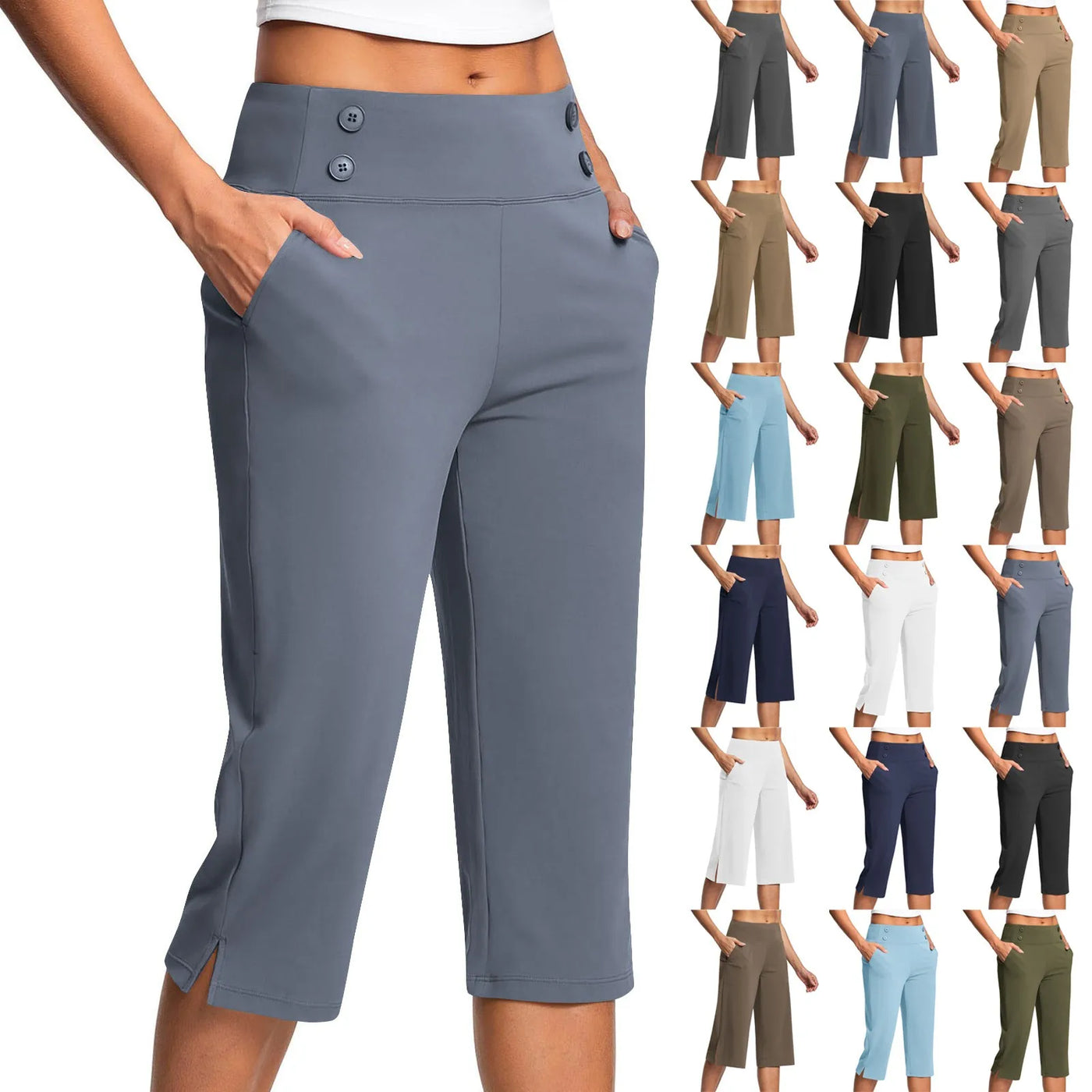 Women Elastic High Waist 3/4 Pant Casual Active Fit Wide Capris Leg Pants Trousers With Pockets Pants Woman брюки женские