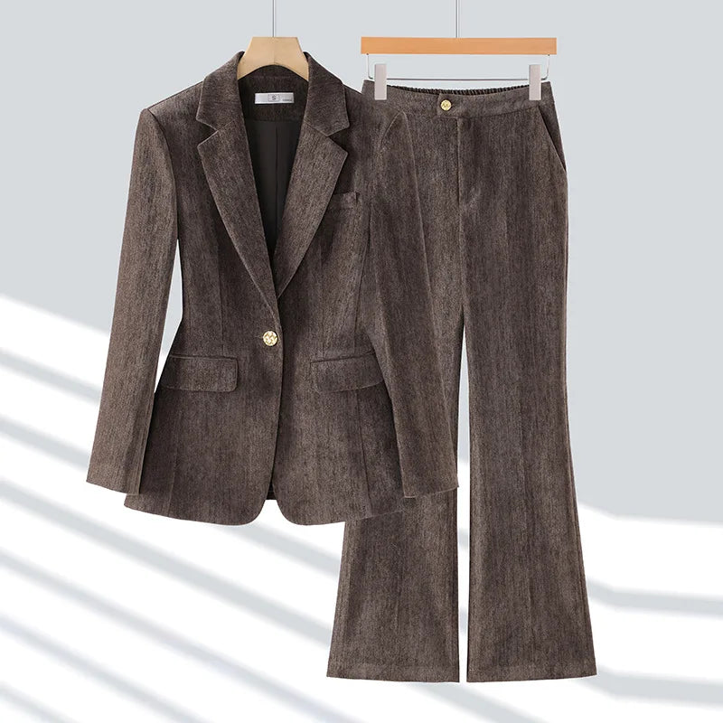 Burgundy Women's Blazer And Pants Suit Velvet Fall Winter Outfits For Women Long Sleeve Jacket 2 PCS Womens Clothing