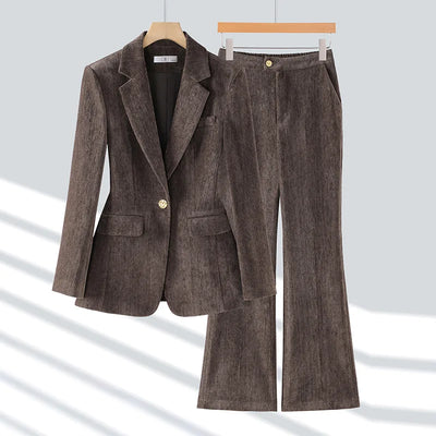 Burgundy Women's Blazer And Pants Suit Velvet Fall Winter Outfits For Women Long Sleeve Jacket 2 PCS Womens Clothing