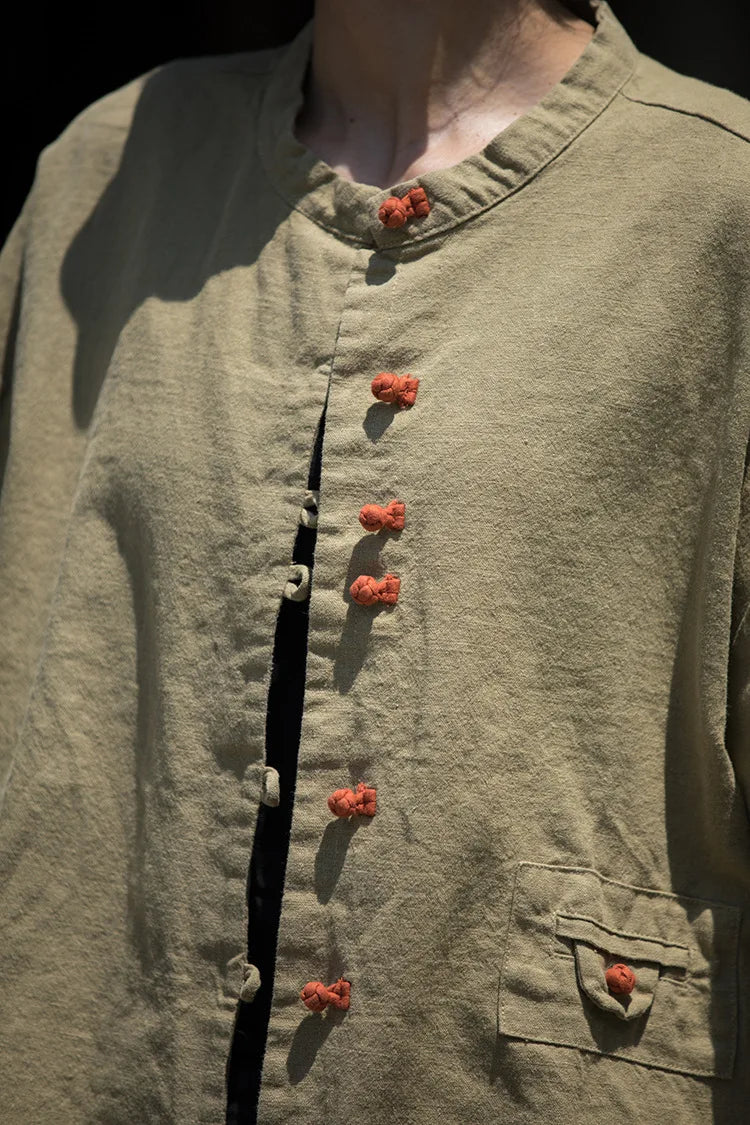 Cotton Linen Women's Literary Vintage Ramie Tops Shirt Women's Patchwork Colour Plate Button Lapel Cardigan Jacket Chinese Style