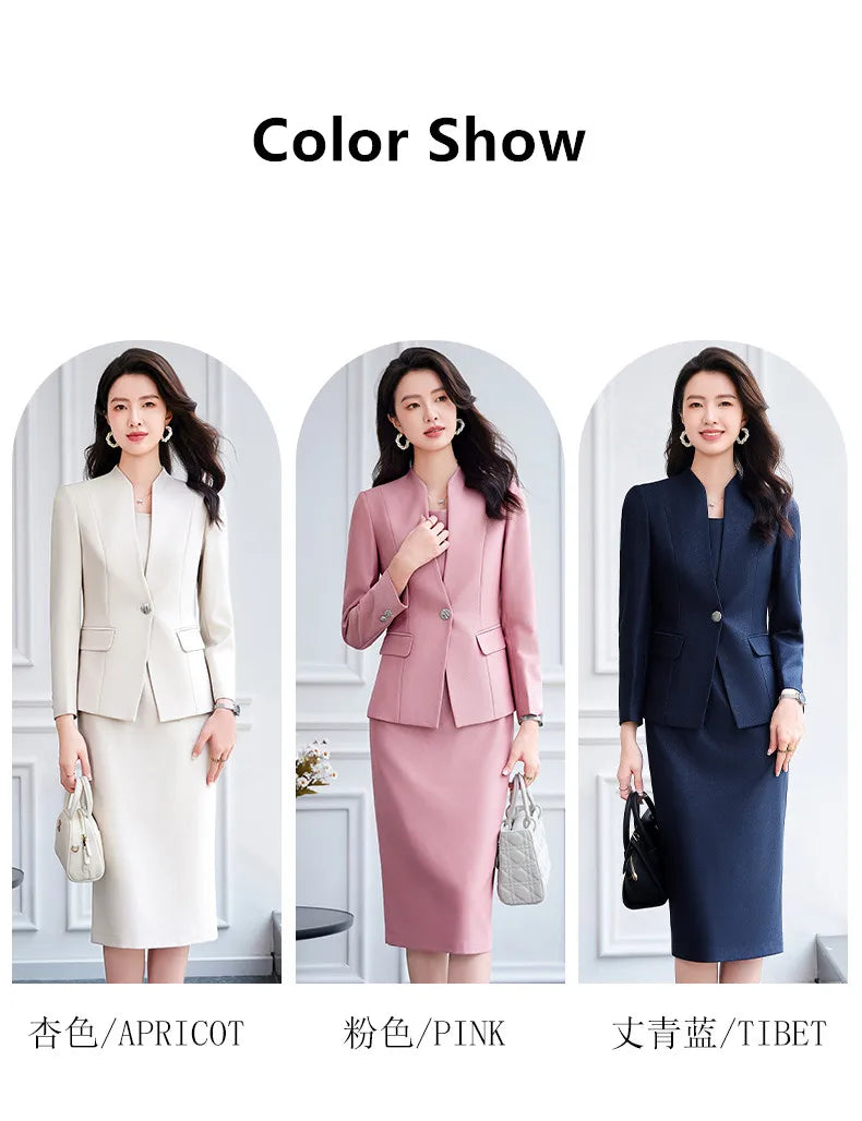 NAVIU 2025 Women Office Dress Set Monochromatic Slim Fit Suit Stand Collar Single Button Fashion New 2 Pcs Brazer and Dresses