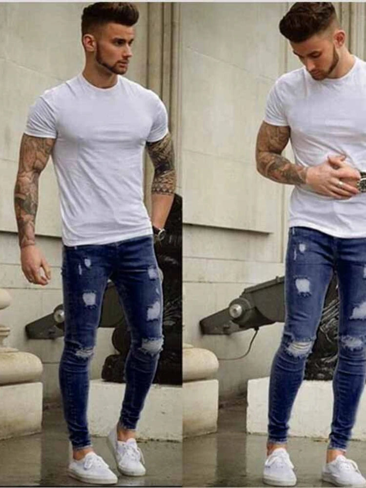 Men Jeans Denim Pencil Pants Distressed Mid Waist Sheath Ankle Length Zipper Fly Pockets Slim Washing High Street 2024