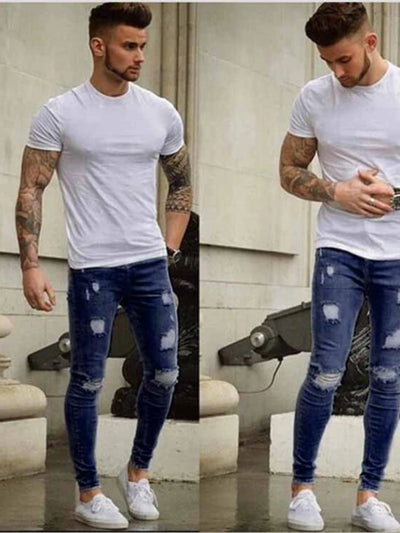 Men Jeans Denim Pencil Pants Distressed Mid Waist Sheath Ankle Length Zipper Fly Pockets Slim Washing High Street 2024