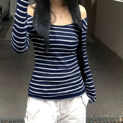 Sexy Slash Neck Knitted Smock Women Vintage Slim Thin Long Sleeve All-match Femme Clothing Aesthetic Streetwear Tops