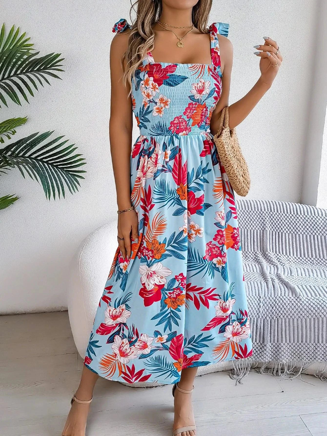 Spring Summer Floral Print Long Dress Lace up Sleeveless Vacation Dresses for Women