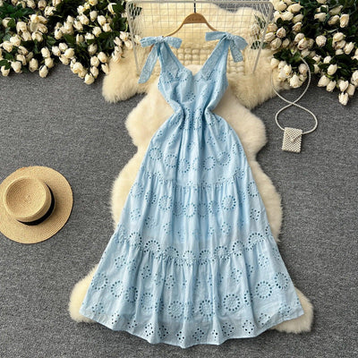 French Vintage Hollow Out Embroidery Butterfly Bow Bandage Slip Dress A-line Chic Casual Beach Vacation Women Summer Dresses
