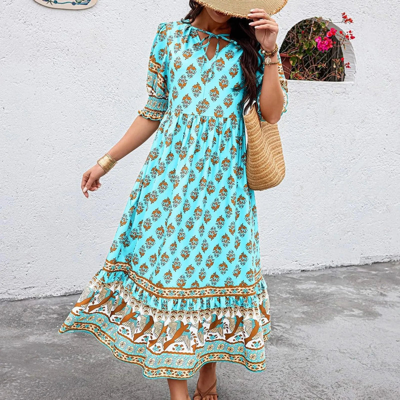 dresses for women Fashion summer Casual long dresses Bohemian V-Neck Printed High Waisted Big Swing Dress vestidos cortos