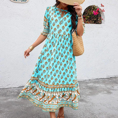 dresses for women Fashion summer Casual long dresses Bohemian V-Neck Printed High Waisted Big Swing Dress vestidos cortos