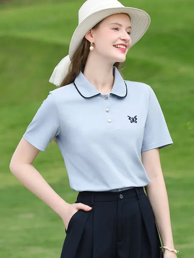 I BELIEVE YOU Blue Polo Collar T-shirt Top for Women Summer 2025 Butterfly Embroidered Breathable Short Sleeve Tees 2252015969