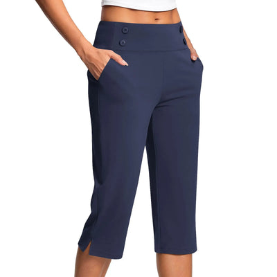 Women Elastic High Waist 3/4 Pant Casual Active Fit Wide Capris Leg Pants Trousers With Pockets Pants Woman брюки женские