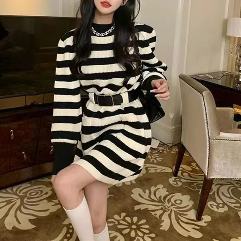 Korean Fashion with Belt Short Dress Women Vintage Long Sleeve Knitted Dresses Female 2025 New Loose Pocket Solid Basic Dresses