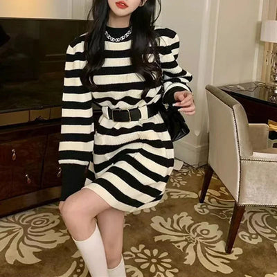 Korean Fashion with Belt Short Dress Women Vintage Long Sleeve Knitted Dresses Female 2025 New Loose Pocket Solid Basic Dresses