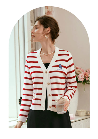 OLrain Wool Blend Striped Cardigan Women 2025 Spring Commute Embroidery V Neck Long Sleeve Chic Button Knitwear M56QZ86390