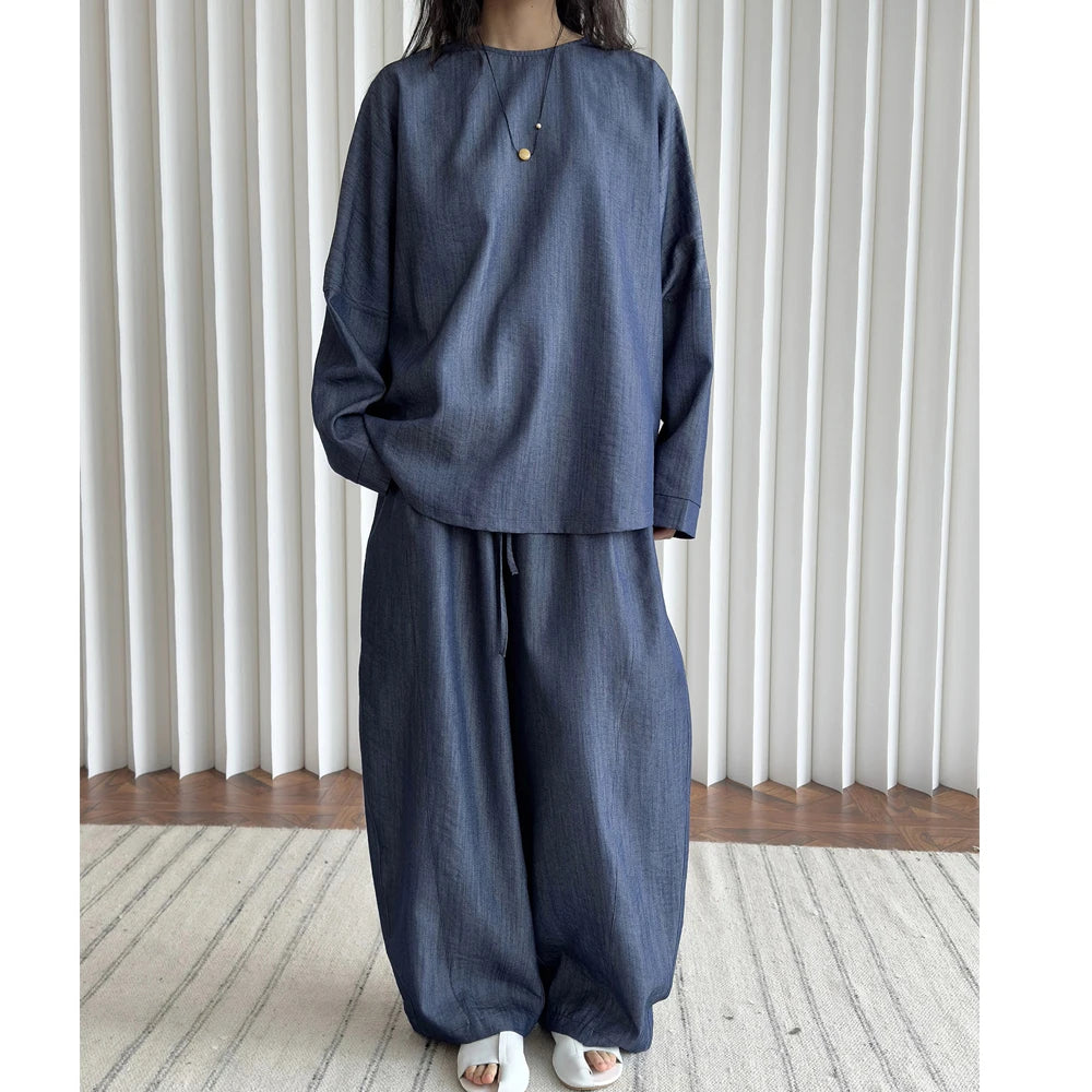 2025 Women Spring Two Pieces Suits Long Sleeve Cotton Blouses With Long Pants Wide Leg Two Pieces Sets Boho Suits Ladies Outfits
