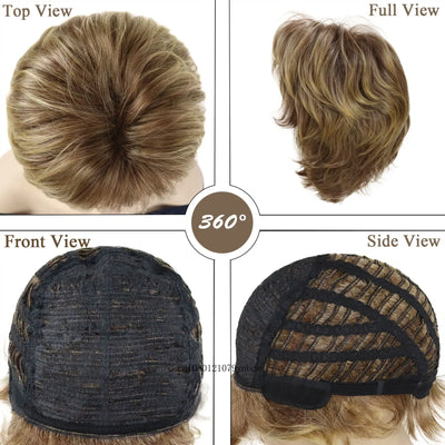 Womens Synthetic Hair Short Curly Brown Wigs Natural Looking Mommy Wig with Bangs Daily Costume Party Use High Temperature Fiber