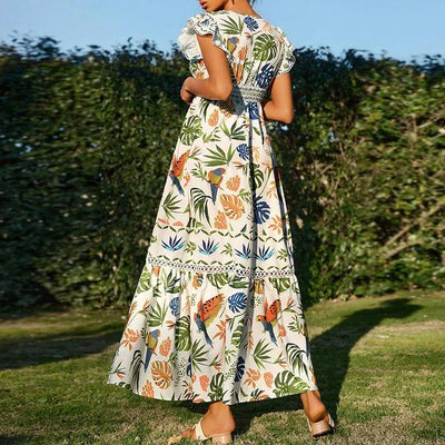 Women Summer Dress Elegant Floral Print Loose Hem Maxi Dress Spring V Neck Butterfly Sleeve Bohemian Holiday Dress Vestido Mujer