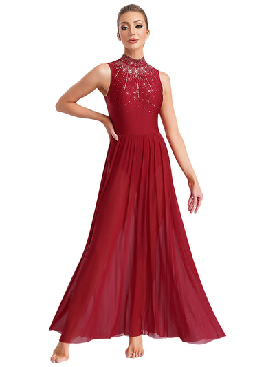 Women Lyrical Contemporary Ballroom Modern Dance Costume Dancing Prom Gown Side Split Maxi Dress for Ballet Gymnastics Skating
