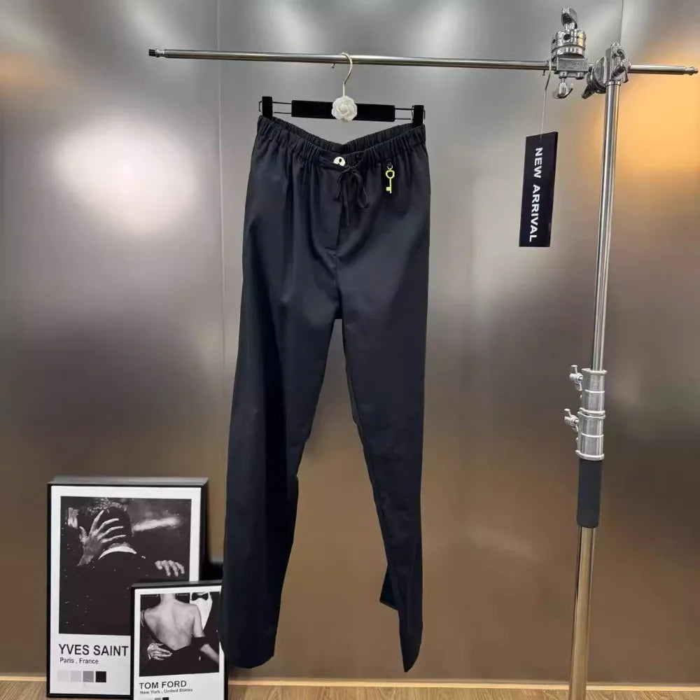 VGH Chic Spliced Metal Buckles Two Piece Set for Women Lapel Long Sleeve Top High Waist Patchwork Drawstring Pants Suit Female