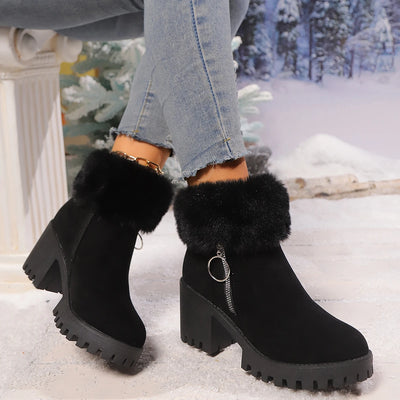 Women's Boots Winter for Ankle Rubber Outsole Warm Cotton Leather Fur Integrated Boots Botas Mujer Platform Ankle Boots Elegant